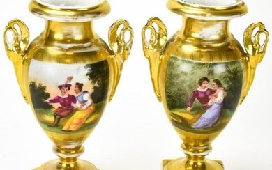 Pair Antique Paris Porcelain Hand Painted Urns