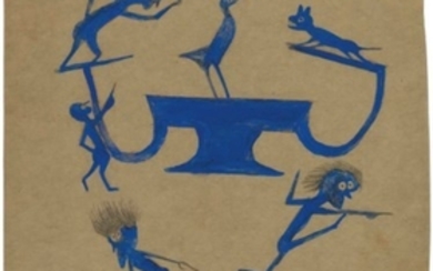 Bill Traylor (1854-1949), Exciting Event in Blue: Four Wild Men, Barking Dog, Perched Bird and Construction, 1939-1942