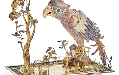 A CHINESE PARCEL-GILT SILVER AND POLYCHROME ENAMEL FILIGREE MODEL OF A PARROT, UNMARKED, PROBABLY 18TH CENTURY