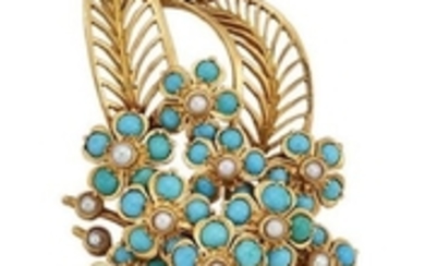 A diamond and turquoise brooch, designed as...