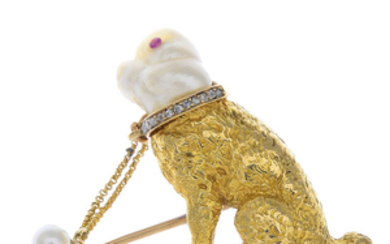 An early 20th century 18ct gold baroque cultured pearl and diamond dog brooch.