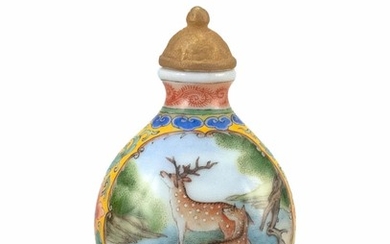 ENAMELED PORCELAIN SNUFF BOTTLE In pear shape, with deer and squirrel cartouches on a floral ground. Four-character Qianlong mark on...