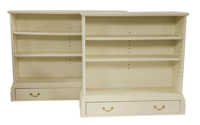 Two modern white painted open bookcases