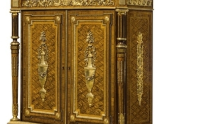 A FRENCH ORMOLU-MOUNTED BURR-AMBOYNA, AMARANTH, TULIPWOOD AND CITRONNIER PARQUETRY SIDE CABINET, OF LOUIS XVI STYLE, THIRD QUARTER 19TH CENTURY