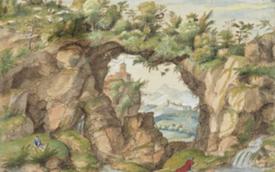 Gherardo Cibo (Genoa 1512-1597 Rocca Contrada), A rocky arch with figures by a stream, and buildings in a hilly landscape beyond