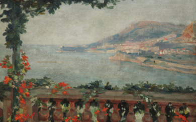 Guglielmo Ciardi (1842-1917) Balcon fleuri sur la mer Oil on...
