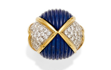 A lapis lazuli, diamond and bi-color gold bombé ring