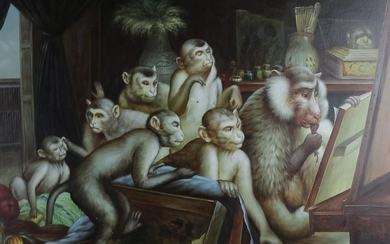 Signed Modern Surrealism Primate Monkey Oil Painting
