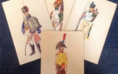 4 original Water colour Military Paintings. illustrations of Imperial Guard Trooper Dragoons, Kings Hussars officer, Westphalia......