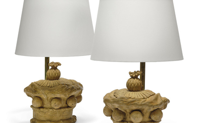 TWO ARTIFICIAL STONE MODELS OF CORONETS NOW MOUNTED AS LAMPS, ONE CIRCA 1800, THE OTHER CIRCA 1860