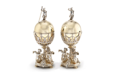 A pair of Victorian parcel-gilt silver-plated covered vases