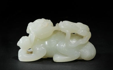 White Jade Carving of 2 Guardian Lions, 18th Century