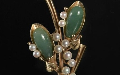 14K Gold Carved Jadeite and Pearl Brooch