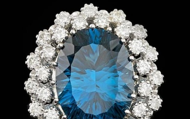 14K White Gold 10.87ct Blue Topaz and 0.56ct Diamond Ring