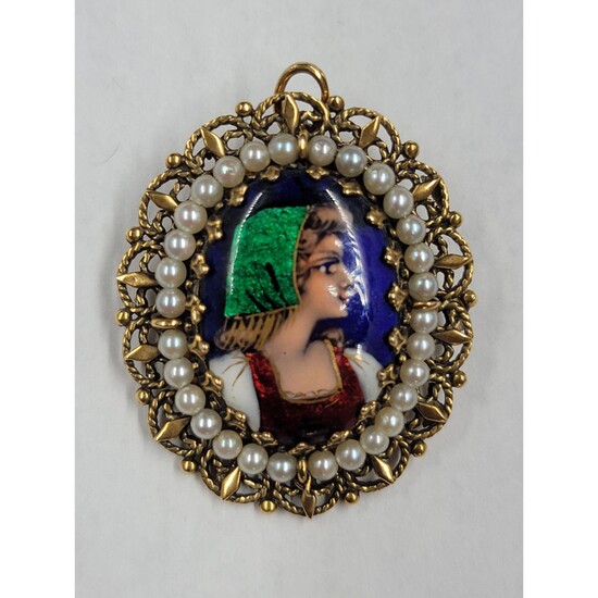 14k Gold French Enamel Portrait With Pearls