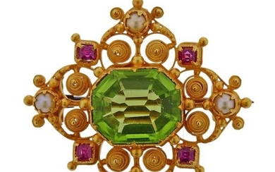 14k Gold Gemstone Pearl Brooch Pin