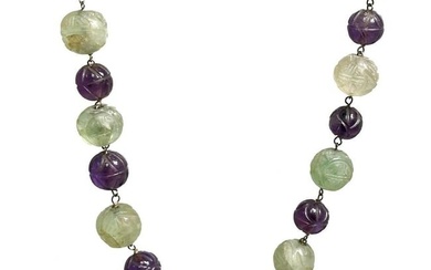 14k yellow gold green and purple jade beaded necklace.