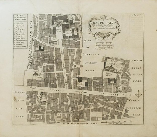 1720 Strype Ward Map of London's Cheape Ward Between