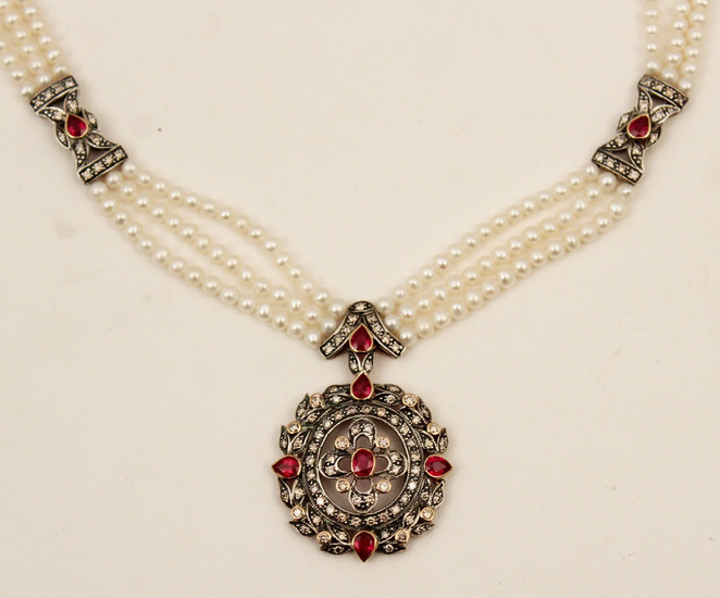 18K GOLD PEARL AND RUBY NECKLACE