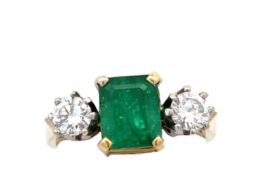 18K Yellow and White Gold Emerald Diamond three stone Ring