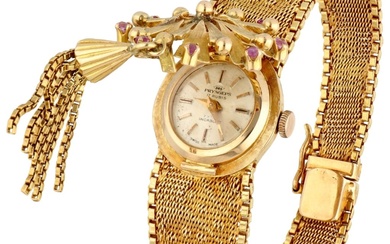 18K Yellow gold bracelet with watch 'under the bonnet' and set with ruby.
