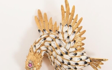 18KT YELLOW GOLD, ENAMEL BROOCH IN THE FORM OF A BIRD H