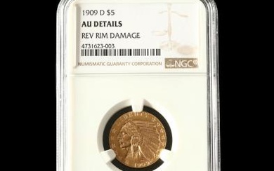 1909-D $5 Gold Indian Head Half Eagle, NGC AU Details - Rev Rim Damage