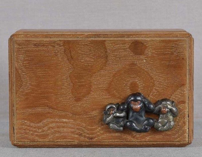 1910s Japanese keyaki wood box 3 WISE MONKEYS