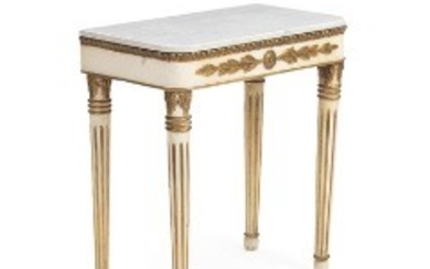 1918/12 - An early 19th century Classicistic white painted and gilded console with white marble top. H. 79. W. 73. D. 40 cm.