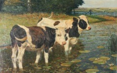 1927/112 - Poul Steffensen: Landscape with two cows. Signed and dated Poul Steffensen, 1920. Oil on canvas. 70.5 x 104.5 cm.