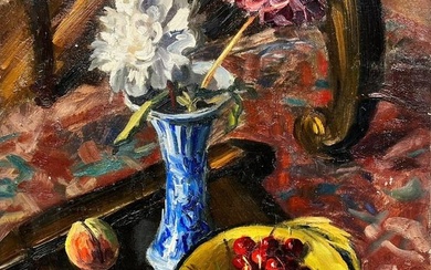 1960's French Post-Impressionist Oil Still Life Pink Roses and Cherries 1960's