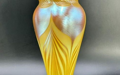 1980s Pulled Feather Art Glass Vase by D. Carlson