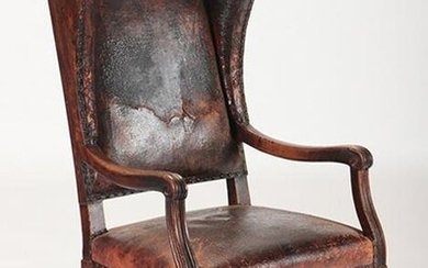 19TH C. FRENCH PROVINCIAL LEATHER COVERED CHAIR