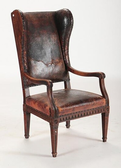 19TH C. FRENCH PROVINCIAL LEATHER COVERED CHAIR