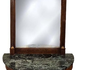 19th C. French Empire Style Bronze, Marble Top Console Mirror