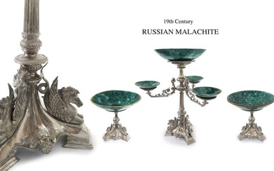 19th C. Malachite Figural Silver Plated Centerpiece Set
