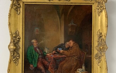 19th Century O/C "Monks Playing Cards" by E. Gardey