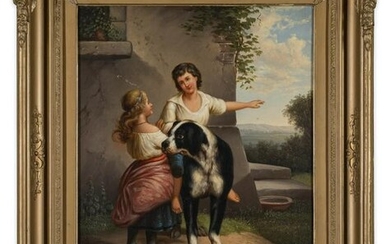 19th Century Oil Painting of Children with Dog