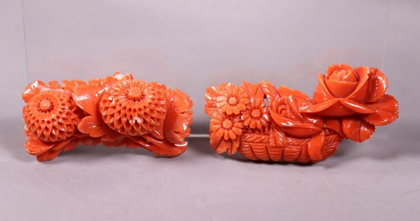 2 Antique Chinese Carved Coral Flower Plaques