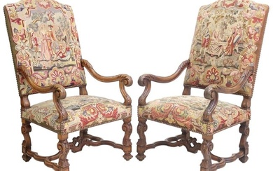 (2) FRENCH LOUIS XIV STYLE NEEDLEWORK UPHOLSTERED FAUTEUILS