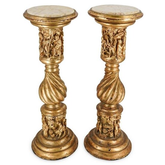 (2 pc) Chinoiserie Marble-Top Pedestals