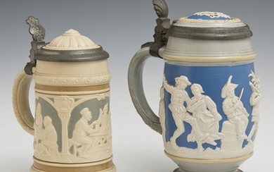 Two Mettlach Pewter Lidded Beer Steins, early 20th c.