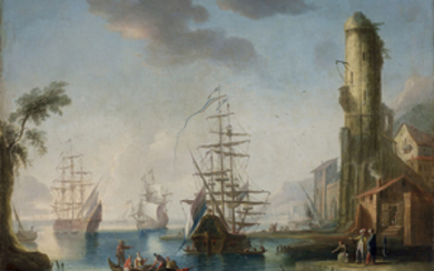 Circle of Charles-François Grenier de la Croix, called Lacroix de Marseille (?Marseilles c. 1700-?1782 Berlin), Three frigates and a row boat in a harbor