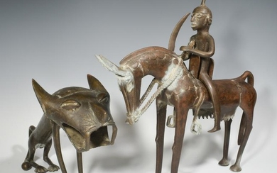 (2)African Benin Style Figure Mounted Rider & Lion