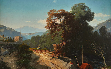 Ercole Calvi ( Verona 1824 - 1900 ) , "Verso il Lago di Como" 1869 olio su tela (cm 60x75) Firmato e datato in basso sulla sinistra In cornice