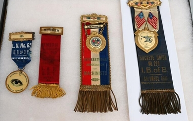 4- EARLY UNION RIBBONS w/ CELLULOID & BULLION