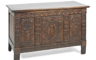 CONTINENTAL CARVED WALNUT LIFT-TOP CHEST Front carved with female figures set in architectural niches surrounded by stylized foliage...