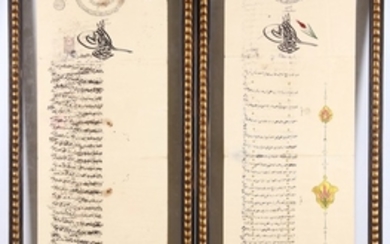 A pair of late Ottoman calligraphic texts, mounted...
