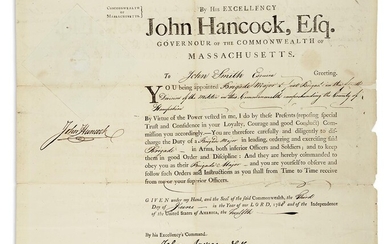 HANCOCK, JOHN. Partly-printed Document Signed, as Governor, appointing John Smith Brigade Major in...