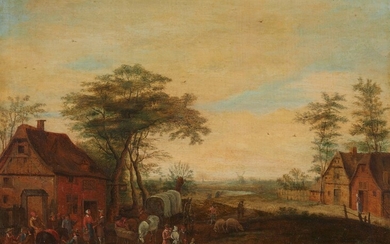Jan Brueghel the Elder, follower of - Landscape with Travellers by a Tavern